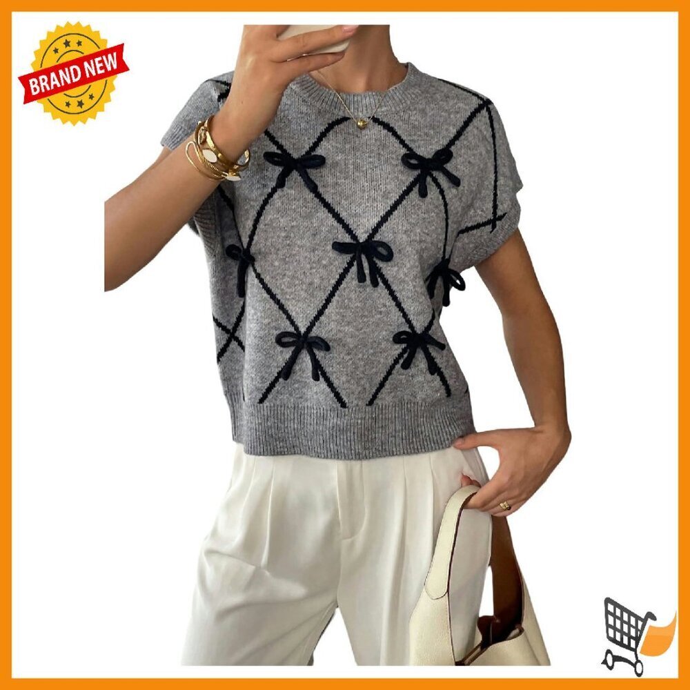 Short Sleeve 3D Floral Pullover Sweater Small Lightweight Knit Vest
